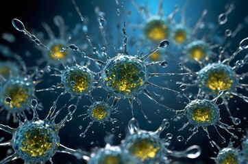Poster - A detailed close up of virus cells with yellow centers and transparent spikes on a blue background