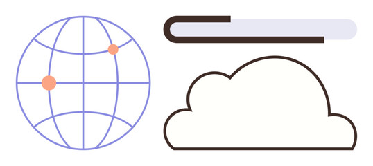 Poster - Globe with points, abstract cloud, and file bar illustrating global data sharing, storage, communication, and digital interaction. Ideal for networking, cloud computing, collaboration innovation