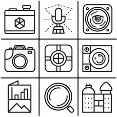 Poster - Camera microphone speaker graph magnifying glass building vector