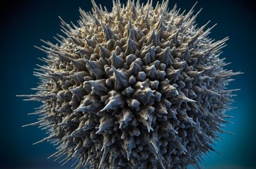 Poster - Close up of a spherical object covered in spikes with a blue background and soft lighting effect