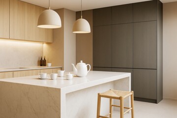 Poster - Minimalist kitchen interior with marble island, modern cabinetry, pendant lighting, and wooden accents in soft warm tones and contemporary decor style.