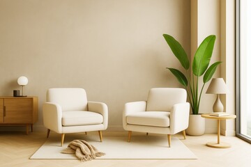 Poster - Modern cozy living room interior with beige armchairs, wooden furniture, indoor plant, and soft natural light on minimalist background wall.