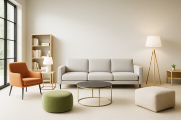 Aufkleber - Minimalist contemporary living room interior with modern furniture, soft lighting, and neutral tones in a spacious architectural setting.