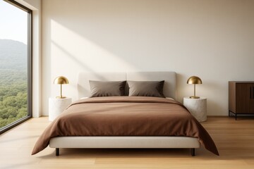 Poster - Modern minimalist bedroom interior with large window, wooden floor, neutral walls, and brown bedding in soft natural sunlight.