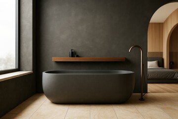 Poster - Minimalist dark bathroom interior with freestanding bathtub, wooden shelf and warm light blending into bedroom space through arched doorway.