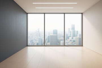 Poster - Modern empty interior room with large window view of city skyscrapers in soft daylight, showcasing contemporary architecture and space design.