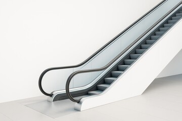 Poster - Modern empty escalator in contemporary indoor architecture with clean white background and tiled floor inside a bright minimalist building interior.