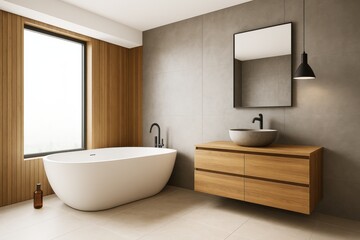 Poster - Modern minimalist bathroom with wood accents, freestanding tub, and concrete wall featuring simple decor and natural light. Ai generative.