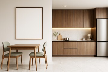 Poster - Modern minimalist kitchen interior with wooden cabinets and blank vertical frame on wall near dining table in clean, well-lit contemporary room.