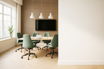 Aufkleber - Contemporary meeting room interior with green chairs, wooden floor, large blank wall and natural light, perfect for branding or mockup presentation.