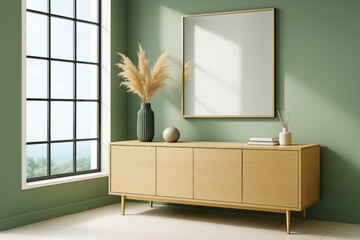Poster - Minimalist room with light wood sideboard, green walls, large window and blank picture frame for branding or artwork mockup concept.