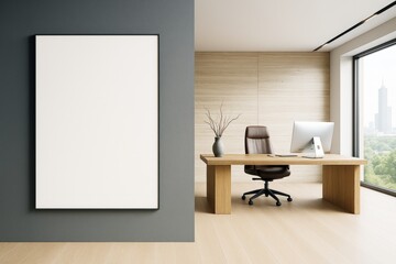 Poster - Contemporary office interior with large blank poster frame on dark wall and modern wooden desk by window in bright clean workspace.