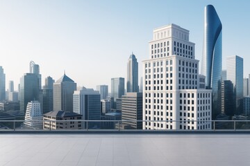 Aufkleber - Modern city skyline with contemporary office buildings viewed from a rooftop terrace on a clear day with soft light and architectural focus.