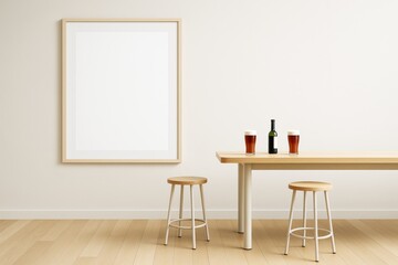 Poster - Vertical blank frame on wall in modern interior with wooden table, stools, and drinks on light floor background for branding or poster presentation.