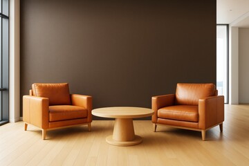 Aufkleber - Modern interior with two brown leather armchairs and round wooden table in front of dark wall in bright room with wooden floor and large windows.