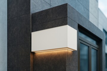 Aufkleber - Modern blank lightbox sign on dark stone wall of contemporary building exterior with soft illumination and space for branding or advertisement.