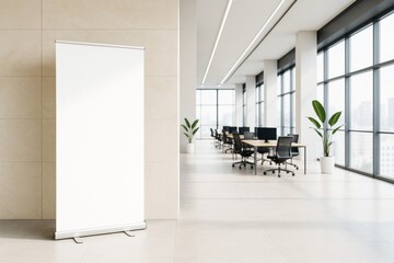 Aufkleber - Blank roll-up banner mockup in modern office interior with clean light decor and workstations near large windows, ideal for branding concept.