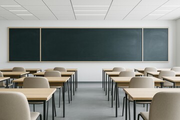 Poster - Modern empty classroom interior with wooden desks and large blank blackboards on bright white walls in a clean and contemporary educational setting.