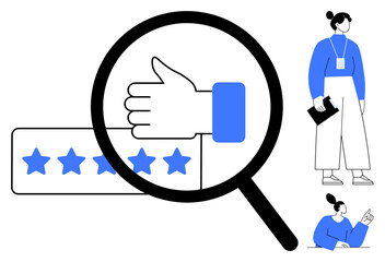 Poster - Magnifying glass focusing on thumbs-up and five-star rating, two standing professionals representing analysis or review. Ideal for feedback, quality check, customer service, rating, team analysis