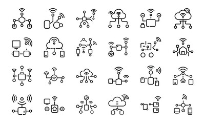 Poster - Collection of modern minimalist icons illustrating wireless connectivity and data communication.