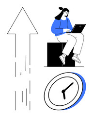 Poster - Woman sitting on block with laptop, upward arrow suggesting progress, clock highlighting time focus. Ideal for productivity, time management, career, focus, success efficiency. Simple flat metaphor