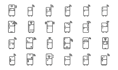 Poster - Collection of illustrated smart fridges with wireless connection icons in minimalist outline style