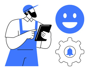 Poster - Worker in uniform pointing at a tablet, gear with a notification icon, and a happy happy face. Ideal for productivity, teamwork, workflow, service, app, technology simple landing page