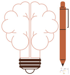Poster - Brain-styled lightbulb next to pen symbolizing creative thinking, innovation, ideas generation, problem-solving, and knowledge sharing. Ideal for education, brainstorming, business strategy, design