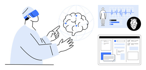 Poster - Surgeon wearing VR headset interacting with virtual brain model, patient data interface, heart monitoring screen. Ideal for health tech, medicine, innovation, VR, telemedicine, brain research