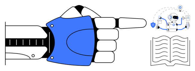 Poster - Robotic hand pointing at interconnected AI process with robot, gears, and map icon, alongside open book. Ideal for technology, education, innovation, automation, AI integration future concepts