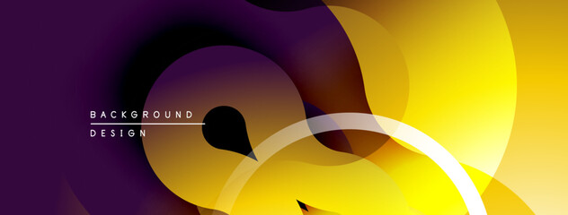 Fototapete - Abstract fluid shapes, gradient colors. Purple, yellow hues dominate composition. Modern design element for backgrounds.