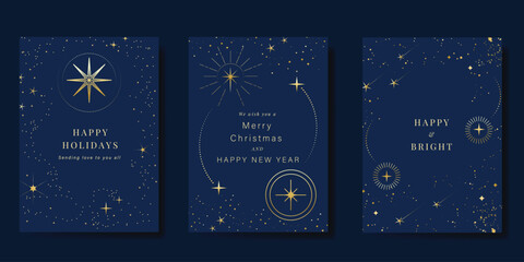 Wall Mural - Luxury christmas and happy new year holiday cover template vector set. Gold twinkling star, meteor on navy blue background. Design for card, corporate, season's greeting, wallpaper, poster.