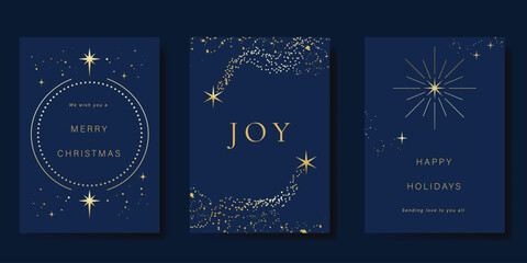 Wall Mural - Luxury christmas and happy new year holiday cover template vector set. Gold twinkling star on navy blue background. Design for card, corporate, season's greeting, wallpaper, poster.