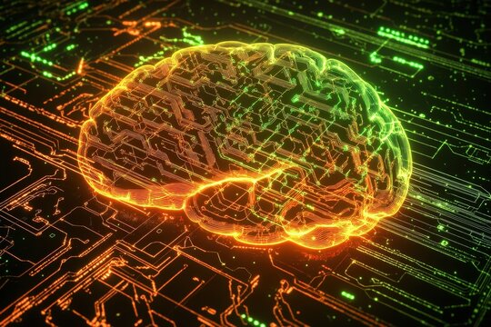 Illuminated brain graphic overlaid on a circuit board.