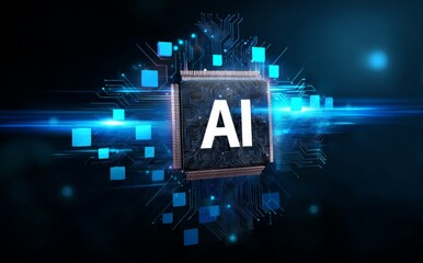 Fototapete - Futuristic Abstract Design with Dark Blue Background and AI Text in Bold White Color
