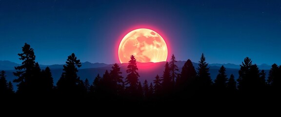 Wall Mural - Silhouetted pine forest against a vibrant blue night sky, dominated by a massive, glowing planet on the horizon,  silhouette art,  space