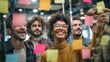 © Johannes - Diverse group of young businesspeople brainstorming with sticky notes on a glass wall while working together in a modern office , no logos, no brands