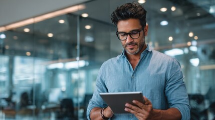 Poster - Young indian marketing business manager expert in glasses standing in modern corporate office using digital tablet device searching analyzing project results. Business technologies concept., no logos