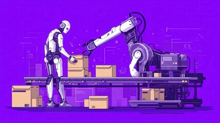 Poster - Robot substituting human working with boxes on conveyor belt and robotic arm. Labor substitution, man versus robot, robotics labor control concept. Bright vibrant violet vector isolated illustration,