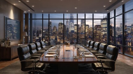 Poster - Executive boardroom meeting with panoramic city views at twilight hour