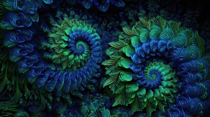 Poster - Intricate blue and green twin spirals on black background, no logos, no brands