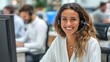 © Johannes - Customer support phone operator working at computer. Happy call center agent working on support hotline in office. Smiling call center agent in conversation with customer over headset. , no logos, no
