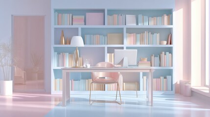 Poster - Office interior backdrop for online meetings. Light home office setting bookshelves background. Minimalist online workspace aesthetics. Video conferencing room design in pastel tones.