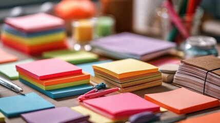 Poster - Colorful sticky notes and stationery on a desk, depicting business strategy and keywords.
