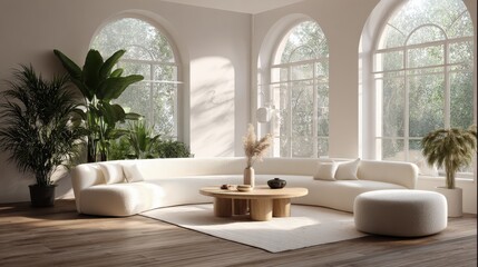 Poster - Elegant modern living room with curved white boucle sofas and natural decor elements invoking a serene and stylish ambiance.