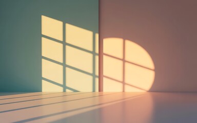 Sunlight casting grid shadows on pastel walls and floor