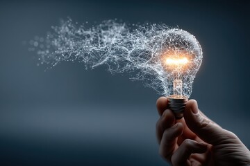 Aufkleber - Hand holding illuminated light bulb with digital network connections