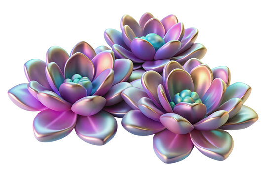 Three iridescent succulent plants with pearlescent petals isolated on transparent background