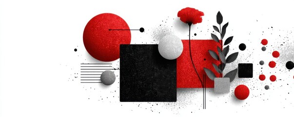 Poster - Abstract red and black geometric composition with floral and textured elements