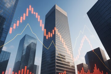 Aufkleber - Modern high-rise office buildings with stock market graph overlays in daylight urban setting reflecting business and finance concept background.